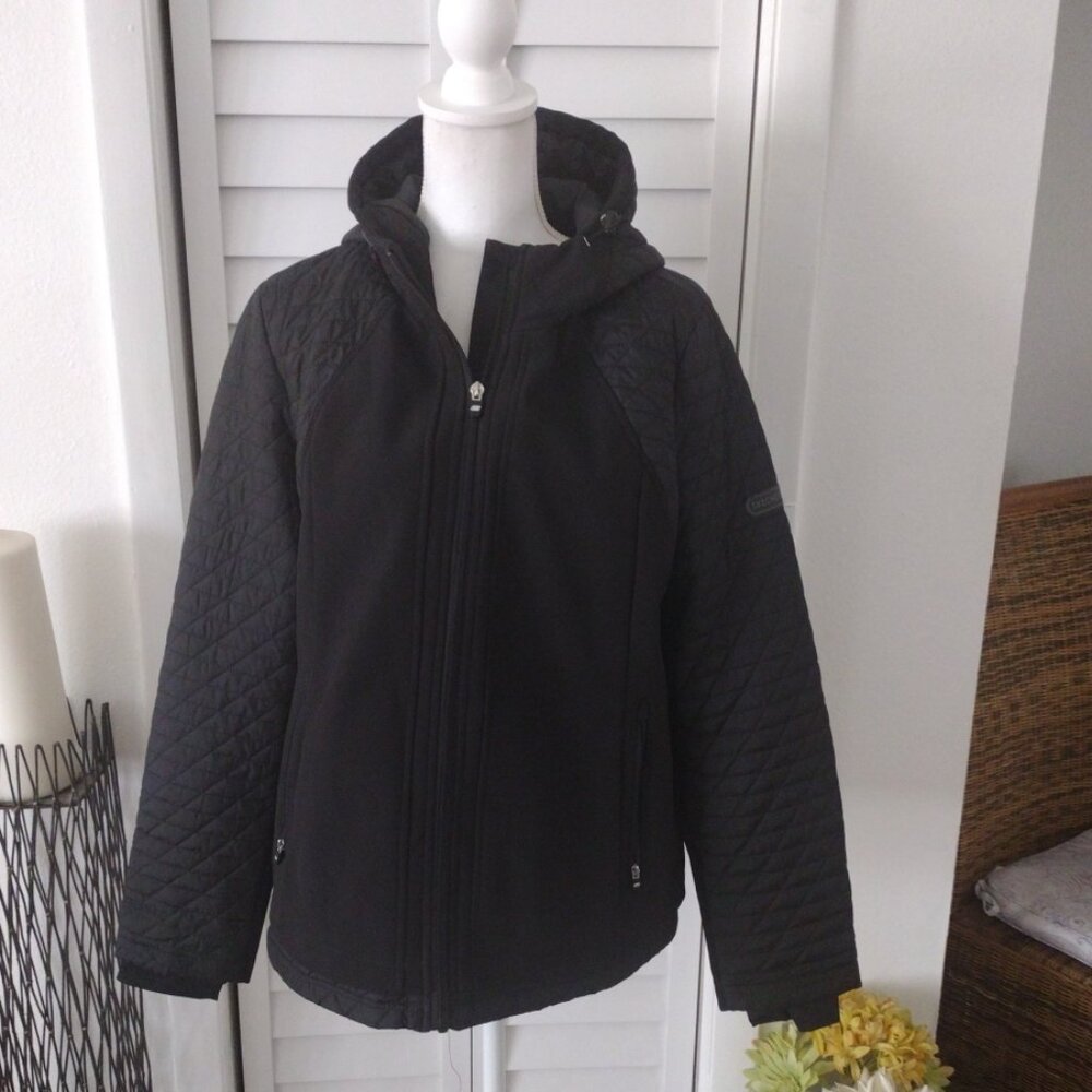 Skechers women's‎ performance quilted jacket black with hood zip pockets L